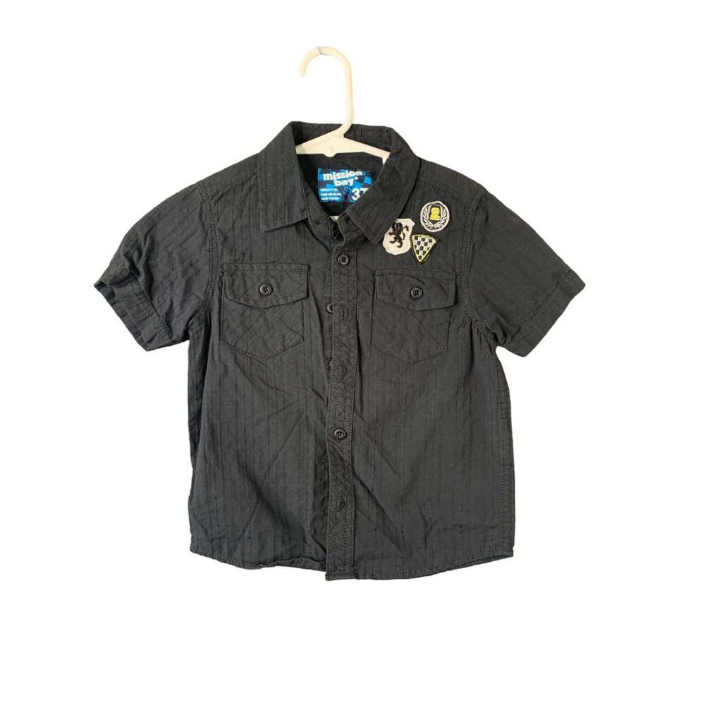 Mission bay Boys Size 3T Toddler Black Button Up Shirt Top With Patches Short Sl